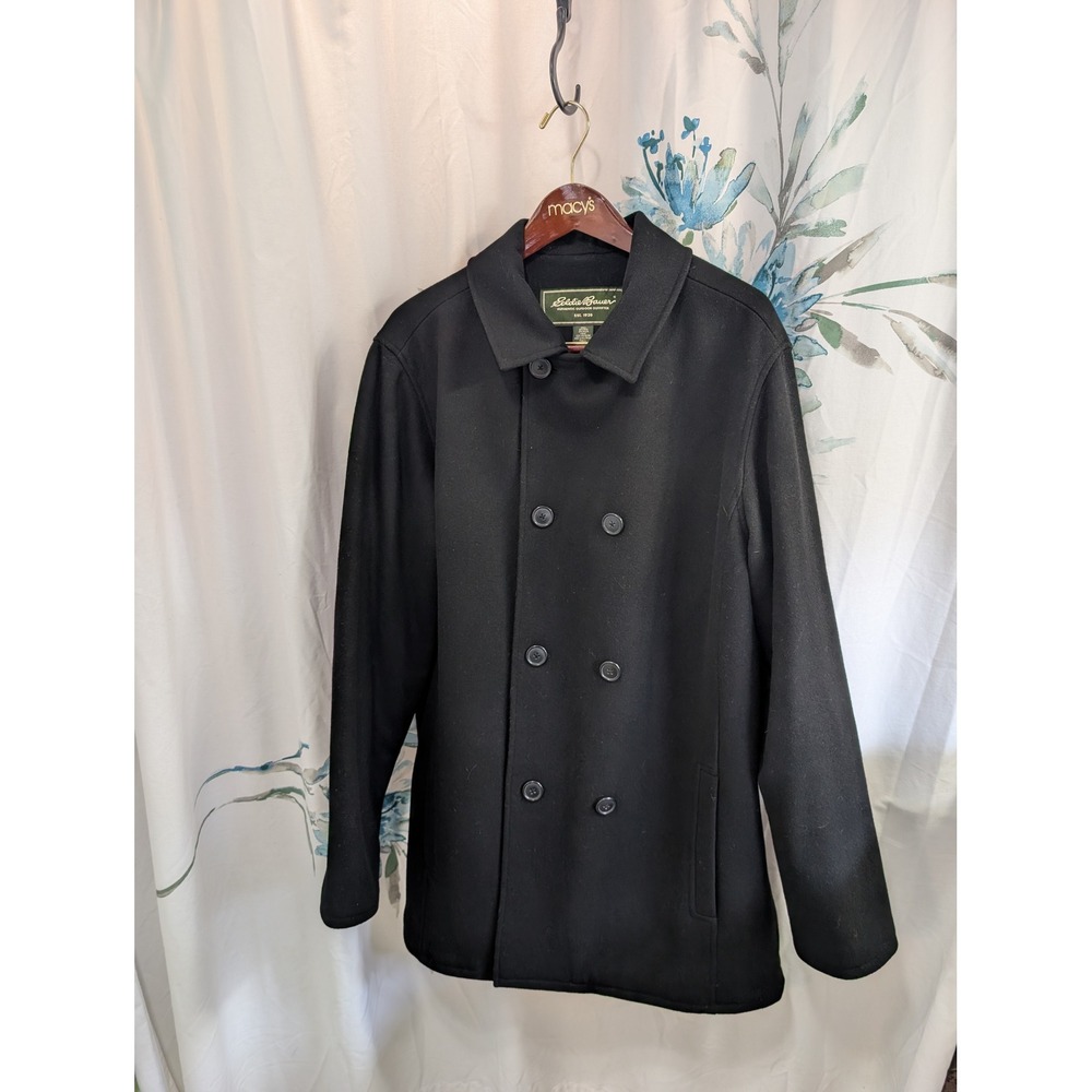 Eddie Bauer Pea Coat Wool Blend Double Breasted Quilted Black Mens Large Tall